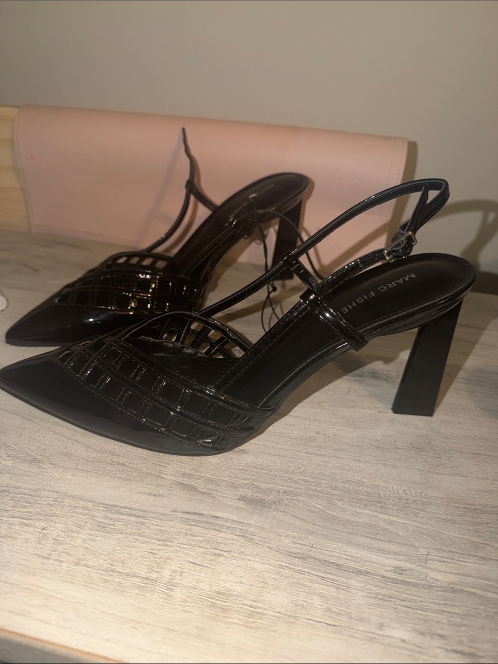 Marc Fisher Black Patent Woven Slingback Heels